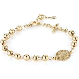 Gold Bead Crucifixed & Mary Rosary Bead Cross Adjustable Link Bracelet